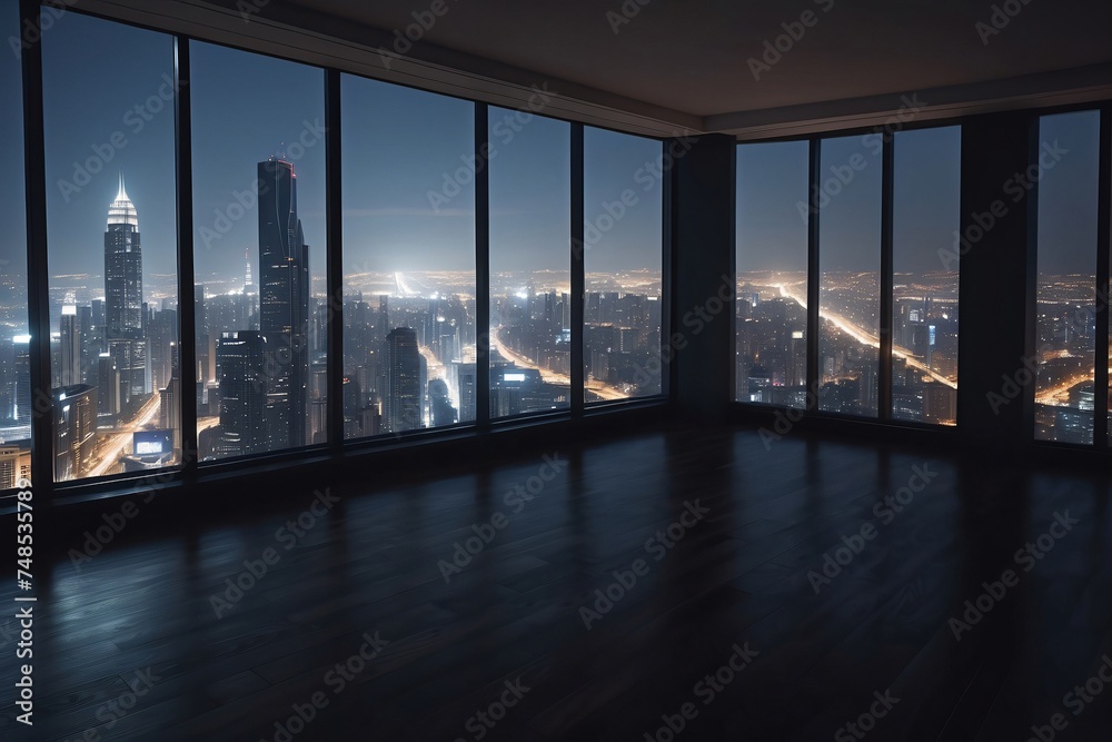 Fototapeta premium Empty room in a skyscraper with a view of the night city. Expensive property with a beautiful view.