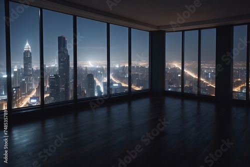 Empty room in a skyscraper with a view of the night city. Expensive property with a beautiful view. © StockArtEmpire.AI