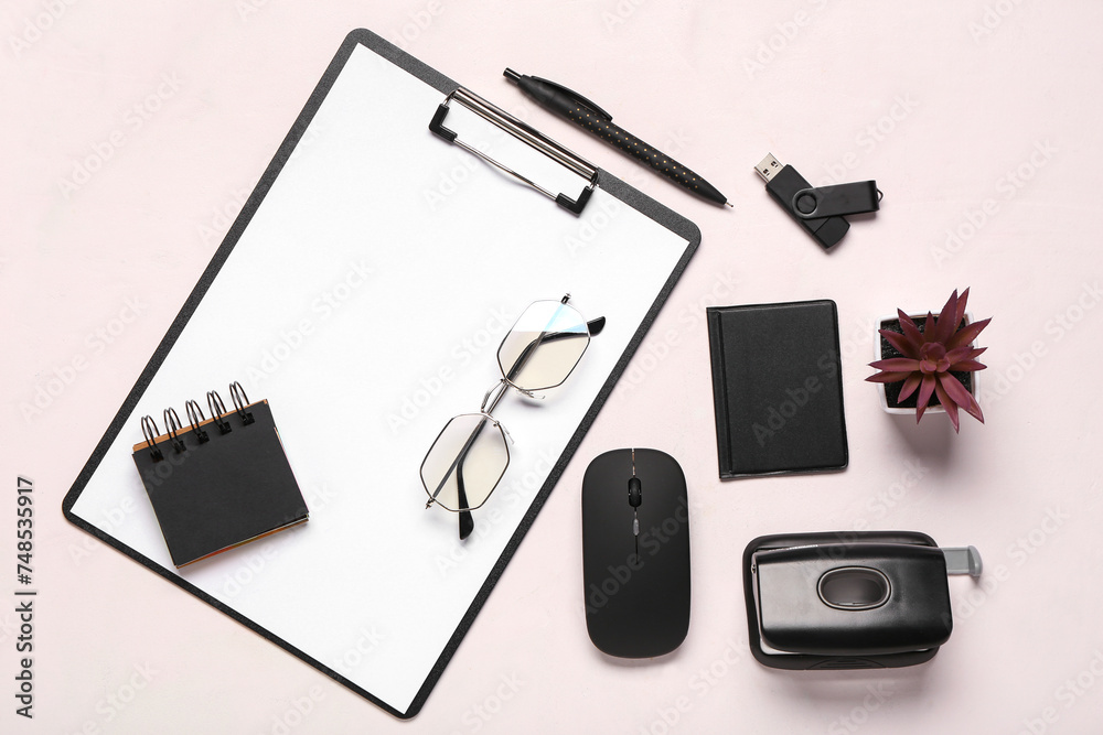 Glasses, pen, clipboard and computer mouse on white background Glasses, pen, clipboard and computer mouse on white background