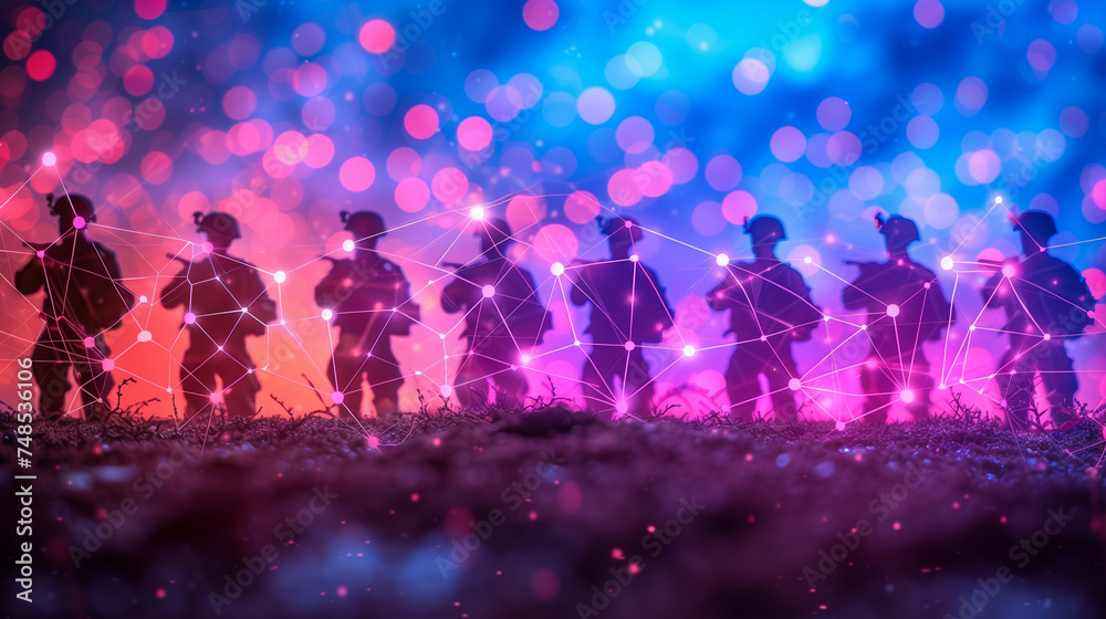 Silhouettes of soldiers and soldiers on a blurred background.