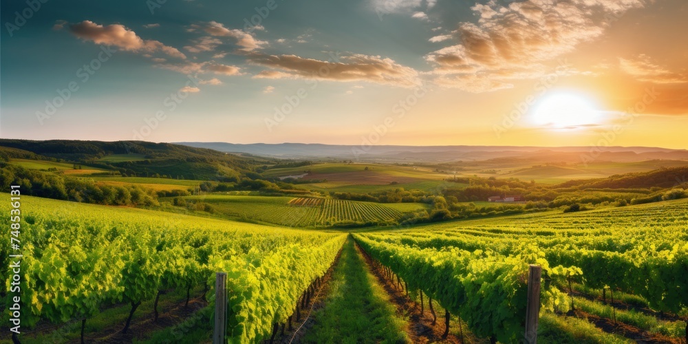 Fototapeta premium Summer vineyard at sunset