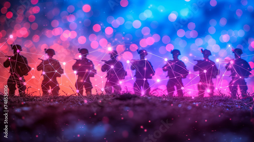 Silhouettes of soldiers and soldiers on a blurred background.