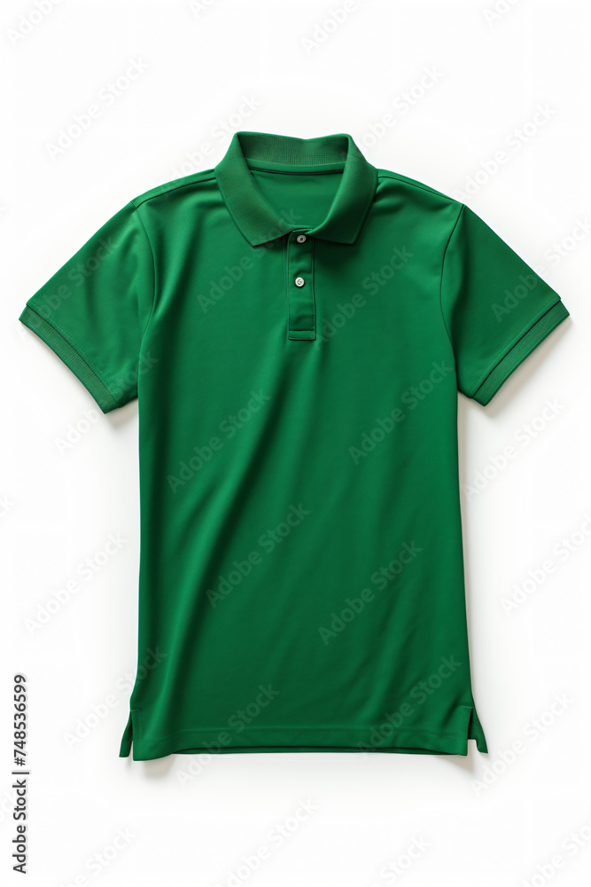 Green polo shirt white background top view generated AI Green polo shirt white background top view generated AI