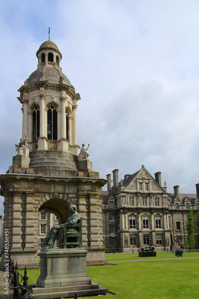 Campanile at Library Square in Dublin in the foreground the monument of William Edward Hartpole Lecky