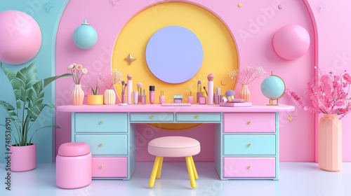 A pink and blue vanity with a mirror and stool