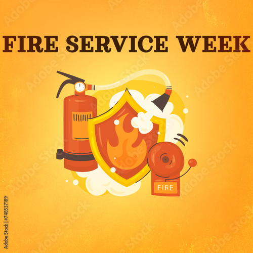 Fire Service Week card with an orange background, featuring firefighter tools. Honors the bravery and dedication of firefighters with a message of appreciation and safety awareness
