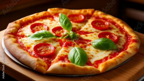 Pizza with mozzarella cheese, tomato and salami.
