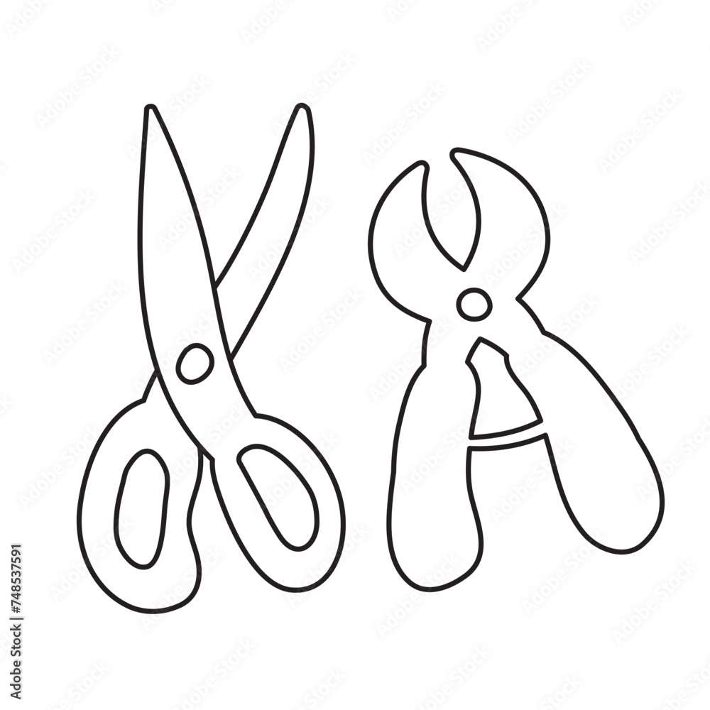 Garden scissors. Outline isolated icons. Hand drawn illustration on white background. Garden scissors. Outline isolated icons. Hand drawn illustration on white background.
