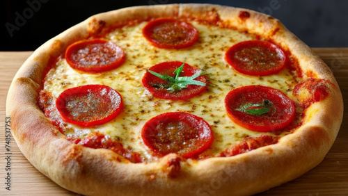 Pizza with mozzarella cheese, tomato and salami.
