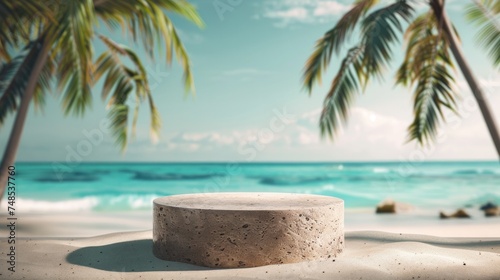 Summer products displayed on a stone plinth at a tropical sea beach. Sandy beach with palm trees and blue sea background photo