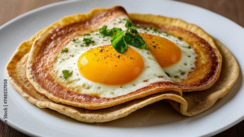 Pancakes with fried egg on a white plate in a restaurant