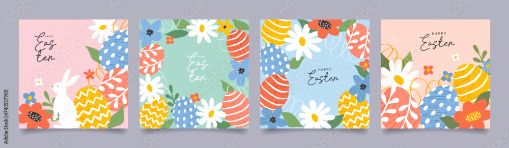 Set of Happy Easter of greeting cards, posters, holiday covers. Trendy design with spring hand drawn flowers and eggs, typography and bunny. Modern minimalist style. Template for web, social media.