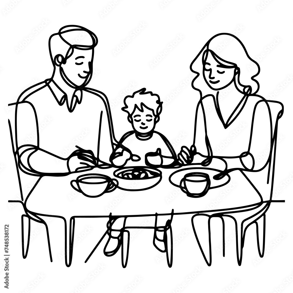 Continuous one black line art drawing happy family father and mother with child. having dinner sitting at table doodles style vector illustration on white background Continuous one black line art drawing happy family father and mother with child. having dinner sitting at table doodles style vector illustration on white background