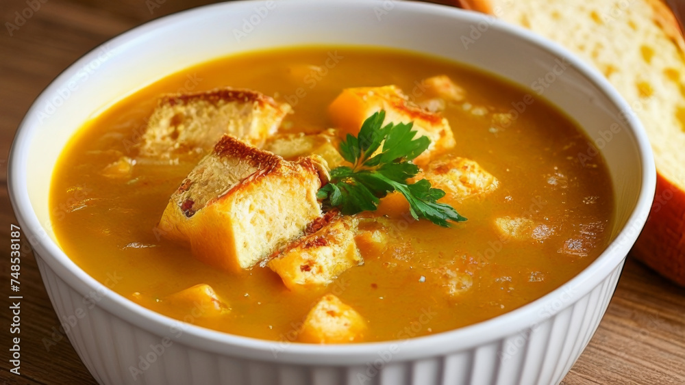 Pumpkin soup with sour cream and parsley in a white bowl Pumpkin soup with sour cream and parsley in a white bowl