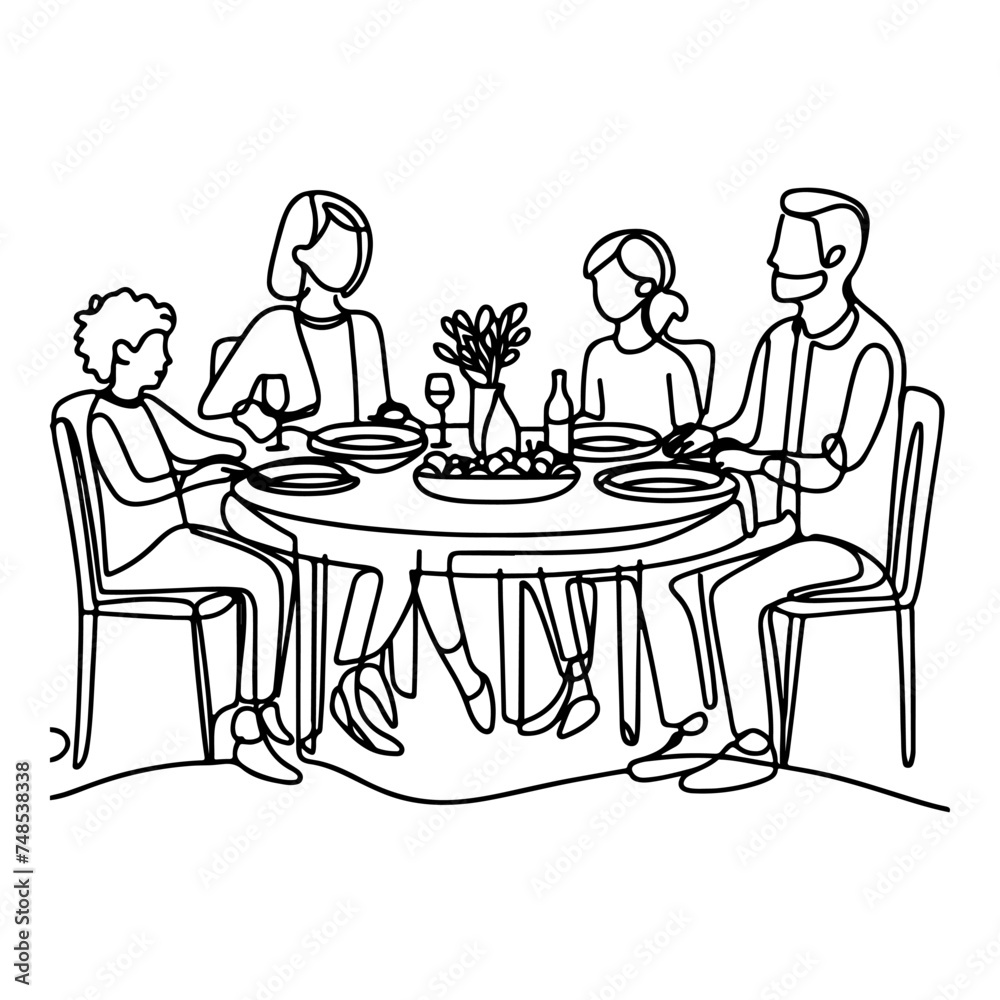 Continuous one black line art drawing happy family father and mother with child. having dinner sitting at table doodles style vector illustration on white background