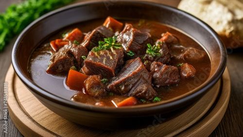 Beef Bourguignon with carrot and parsley in a bowl