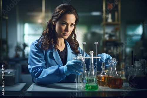 Portrait photograph of a female chemist in her mid-40s, working in a chemistry laboratory, mixing chemicals in beakers with precision