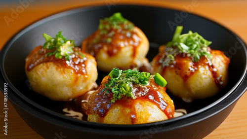 Close up of fried dumplings on a black plate with sauce
