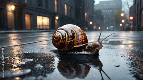 A snail crawls on wet asphalt