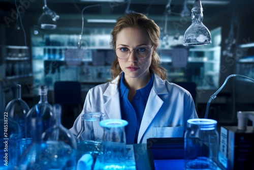 
Portrait photograph of a female physician-scientist in his early 30s, conducting clinical trials in a medical research lab, with medical equipment in the background