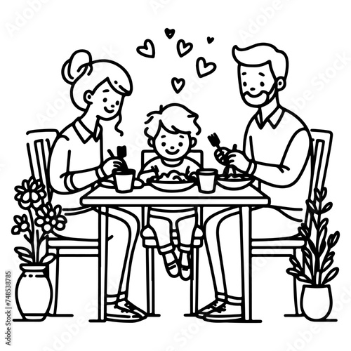 Continuous one black line art drawing happy family father and mother with child. having dinner sitting at table doodles style vector illustration on white background