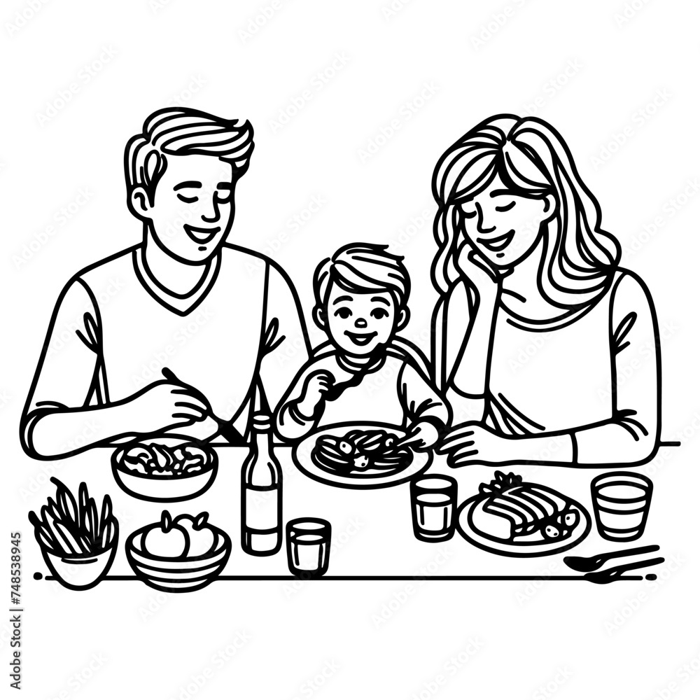 Continuous one black line art drawing happy family father and mother with child. having dinner sitting at table doodles style vector illustration on white background Continuous one black line art drawing happy family father and mother with child. having dinner sitting at table doodles style vector illustration on white background
