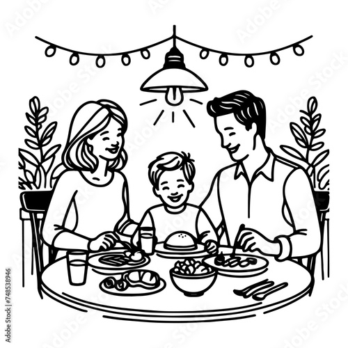 Continuous one black line art drawing happy family father and mother with child. having dinner sitting at table doodles style vector illustration on white background