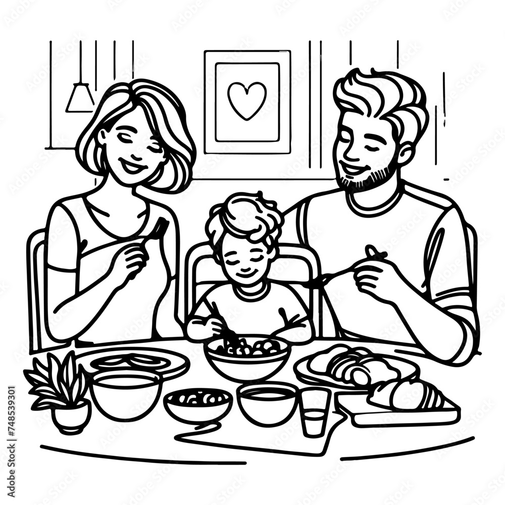 Continuous one black line art drawing happy family father and mother with child. having dinner sitting at table doodles style vector illustration on white background Continuous one black line art drawing happy family father and mother with child. having dinner sitting at table doodles style vector illustration on white background