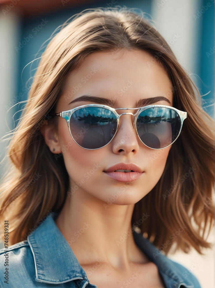 Naklejka premium A portrait of attractive and charming young caucasian woman with sunglasses outdoors from Generative AI