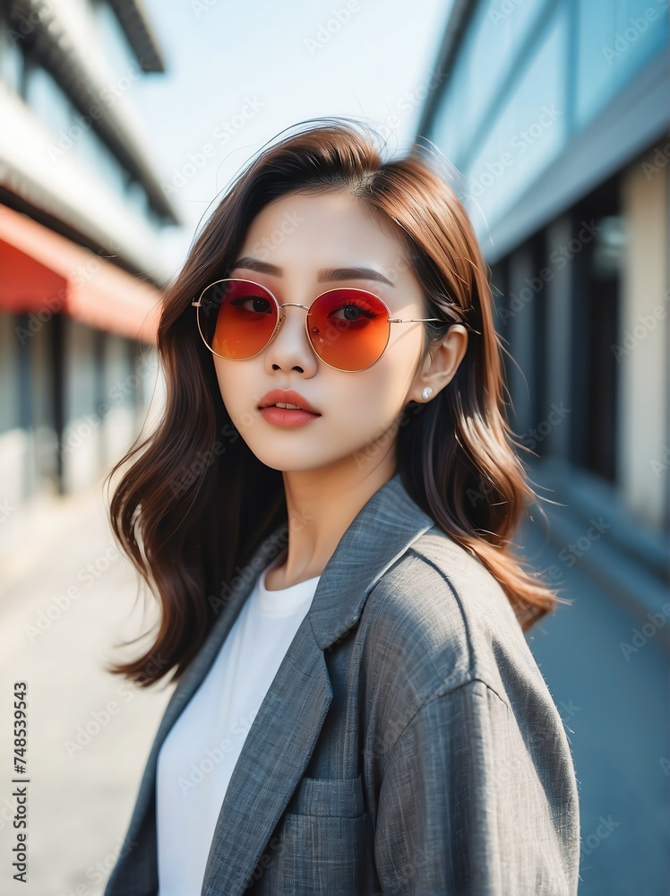 A portrait of attractive and charming young korean woman with sunglasses outdoors from Generative AI A portrait of attractive and charming young korean woman with sunglasses outdoors from Generative AI