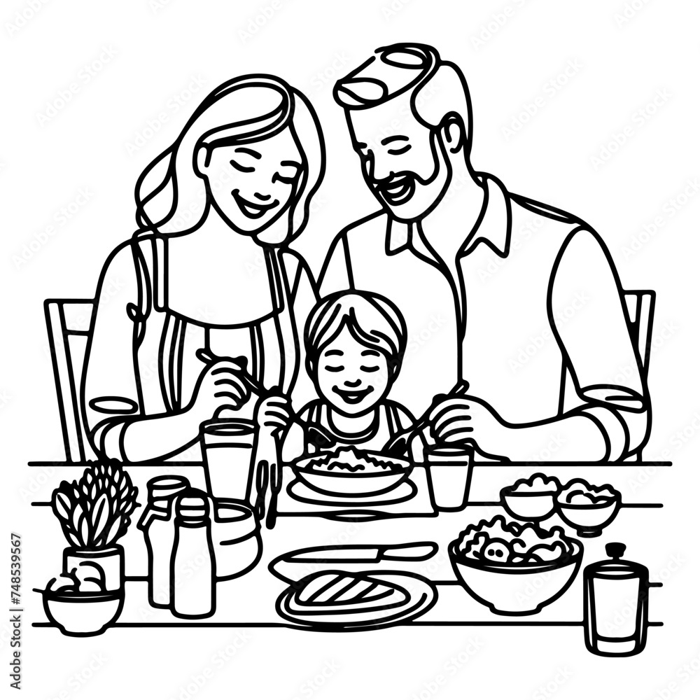 Continuous one black line art drawing happy family father and mother with child. having dinner sitting at table doodles style vector illustration on white background