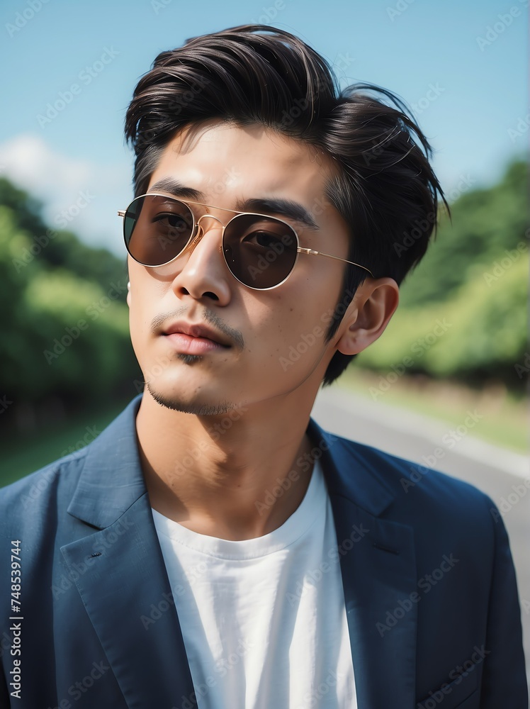 A portrait of handsome and charming young japanese man with sunglasses outdoors from Generative AI A portrait of handsome and charming young japanese man with sunglasses outdoors from Generative AI