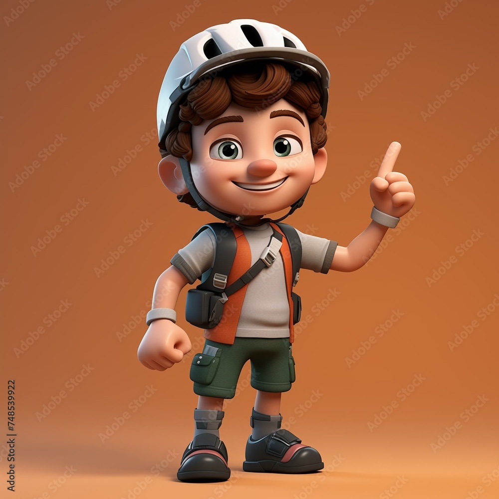 Cheerful Young Boy Cartoon Character with Helmet and Backpack Ready for Adventure Cheerful Young Boy Cartoon Character with Helmet and Backpack Ready for Adventure