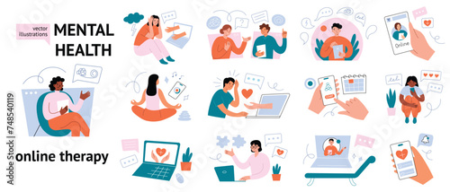 Mental health illustrations set, online therapy compositions, collections of vector scenes with therapists and patients, men and women in stress and depression, positive support and help