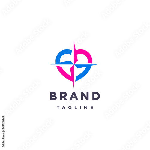 Simple Heart Guidance Compass Logo Design. Heart Symbol With Compass Icon In The Center Logo Design.