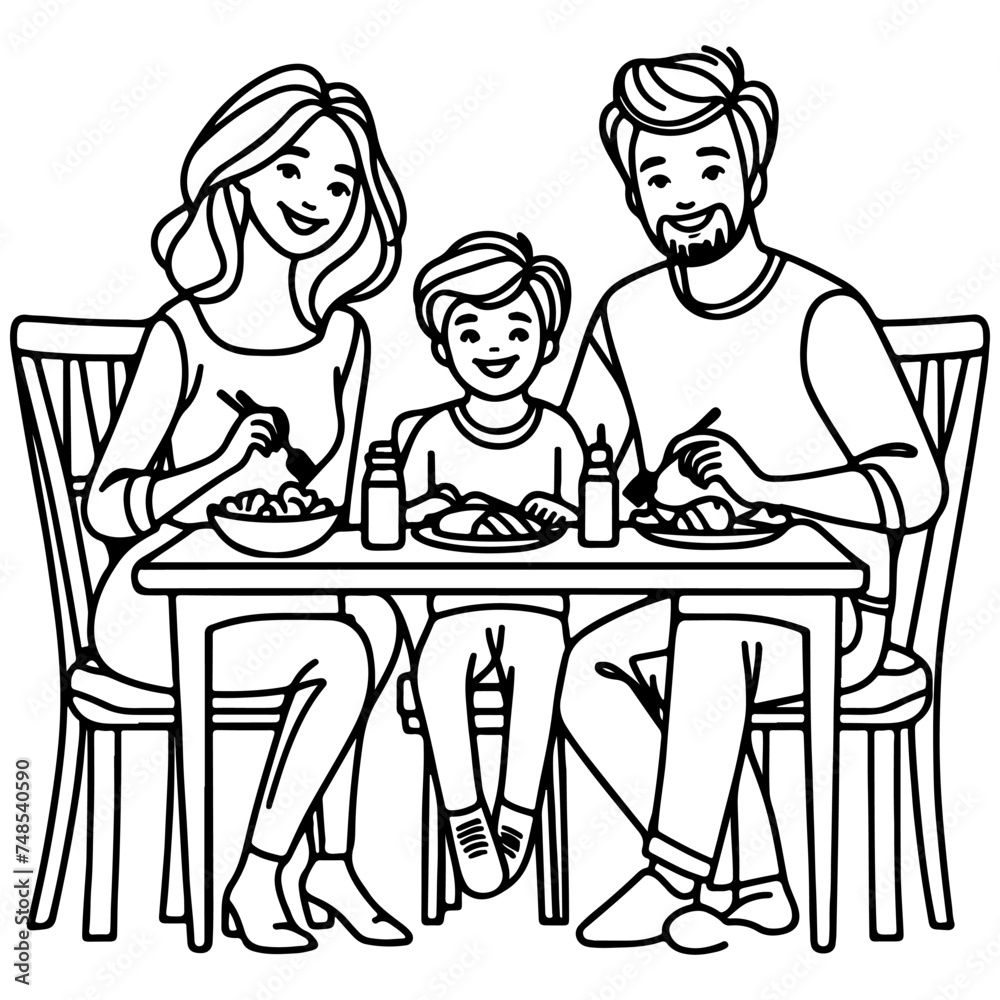 Continuous one black line art drawing happy family father and mother with child. having dinner sitting at table doodles style vector illustration on white background Continuous one black line art drawing happy family father and mother with child. having dinner sitting at table doodles style vector illustration on white background