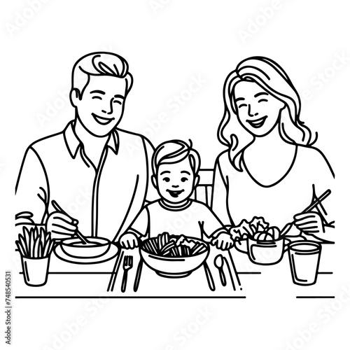 Continuous one black line art drawing happy family father and mother with child. having dinner sitting at table doodles style vector illustration on white background