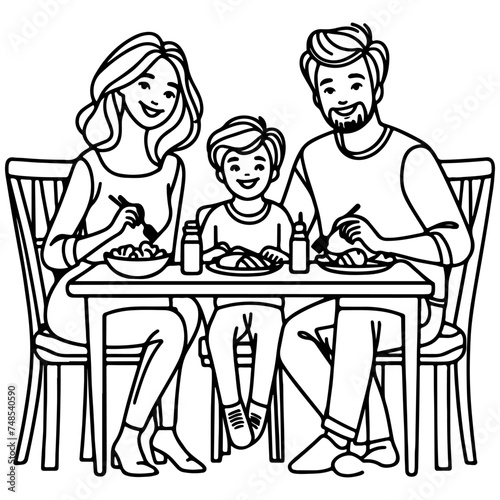 Continuous one black line art drawing happy family father and mother with child. having dinner sitting at table doodles style vector illustration on white background