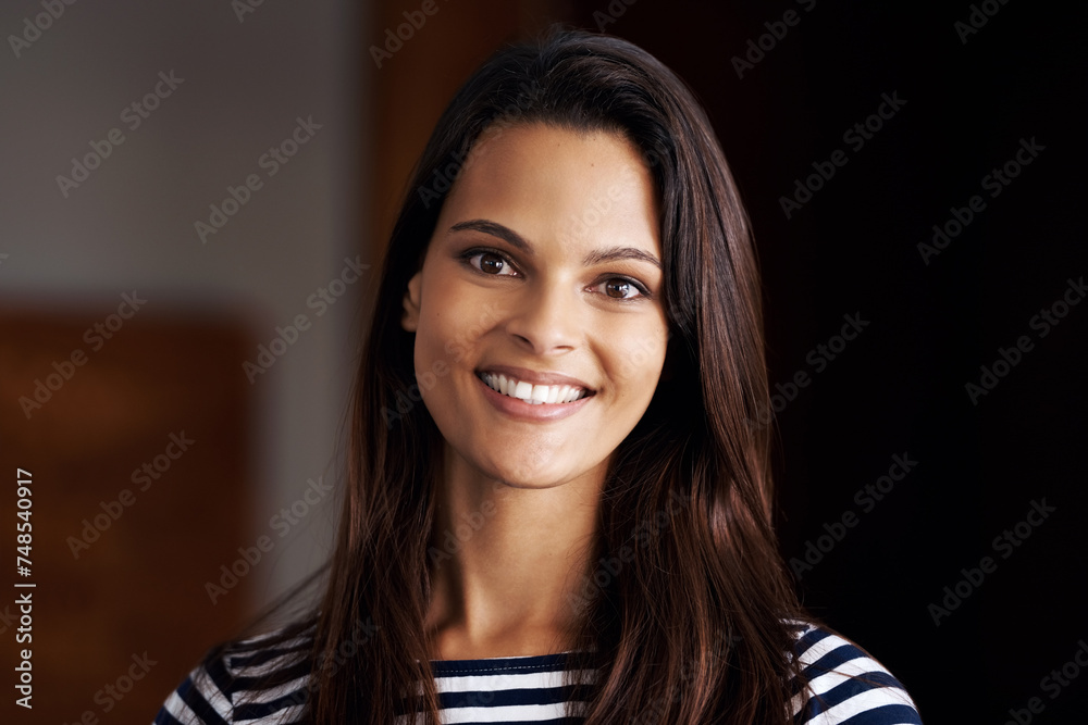 Woman, portrait and confident worker in office, tasks and pride for project in creative business. Female person, entrepreneur and opportunity for career development, startup company and job in Brazil