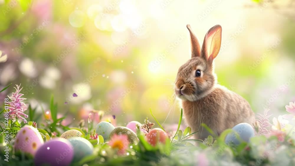 easter bunny with colorful easter egg in grass field with copy space