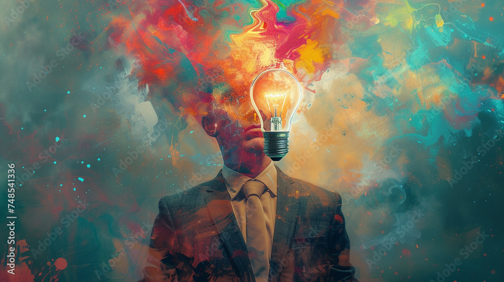 A psychedelic art piece featuring a businessman a light bulb symbolizing creativity and elements that encapsulate the essence of marketing and network - obrazy, fototapety, plakaty 