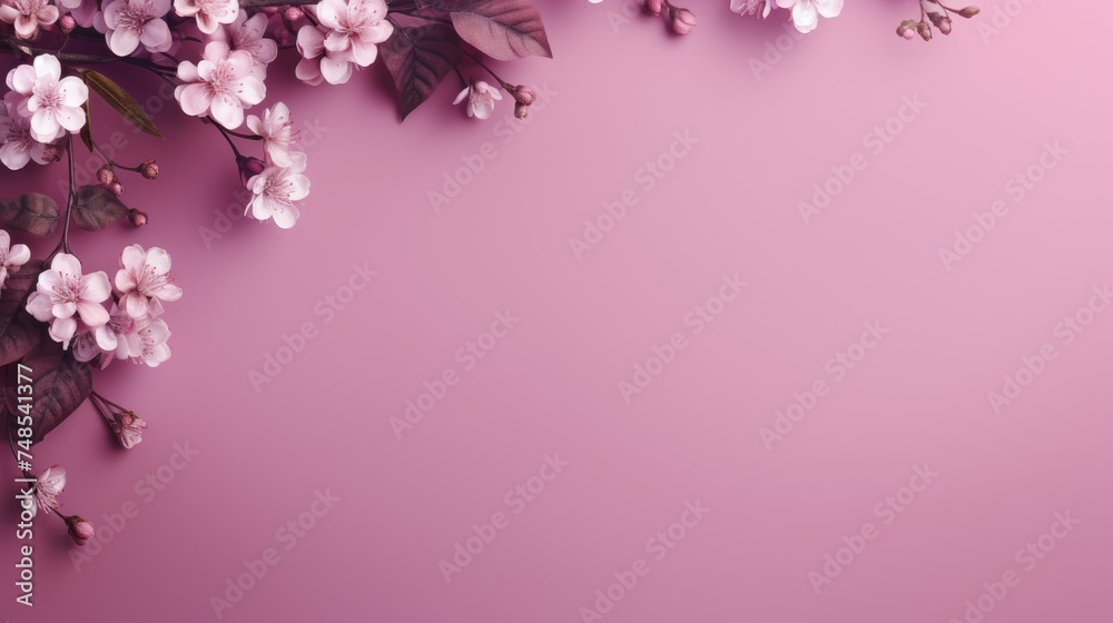 Beautiful delicate purple flowers on a purple background. Abstract layout of a colored frame with space for text. An invitation to a wedding. The concept of International Women's Day, Mother's Day.