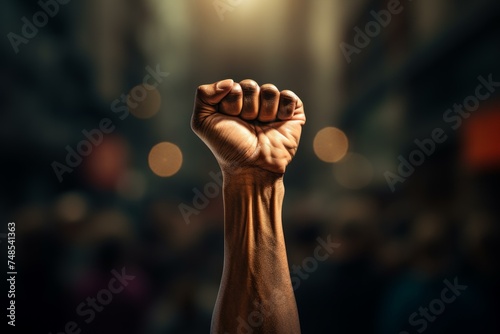 Defiant Raised fist blurry. Revolution begins with a raised and courageous fist. Generate AI