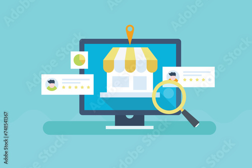 Online store SEO, SEO for local business, Customer rating and reviews, Search engine displaying store location with reviews, vector illustration
