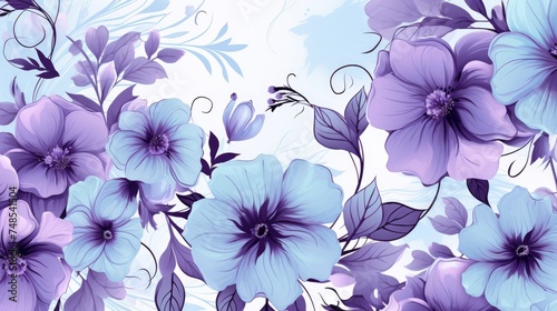 Beautiful delicate purple and blue flowers on a white background. Abstract layout of a colored frame with space for text. The concept of International Women's Day, Mother's Day.