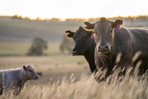 cows and calfs grazing on dry tall grass on a hill in summer in australia. beautiful fat herd of cattle on an agricultural farm in an australian in summer © William