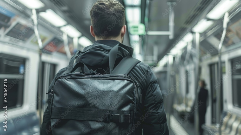  A man with a sports bag traveling on a subway