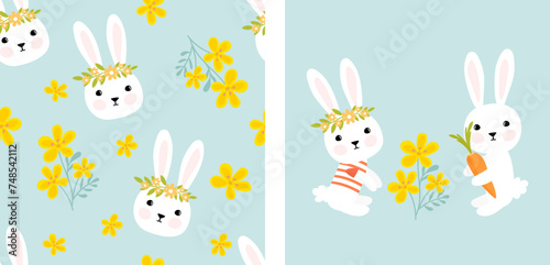 Seamless pattern with bunny rabbit cartoons and cute camomile on blue background vector illustration.