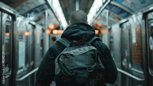  A man with a sports bag traveling on a subway photo