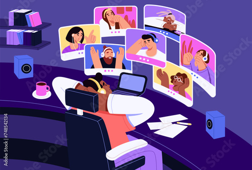 People communicate at online conference video call. Colleague team discusses at virtual meeting. Friends chat at distance network. Remote teamwork, digital communication. Flat vector illustration